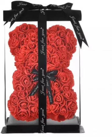 Ursulet decorativ Rosu 23cm din trandafiri spuma cu fundita si cutie cadou [1]