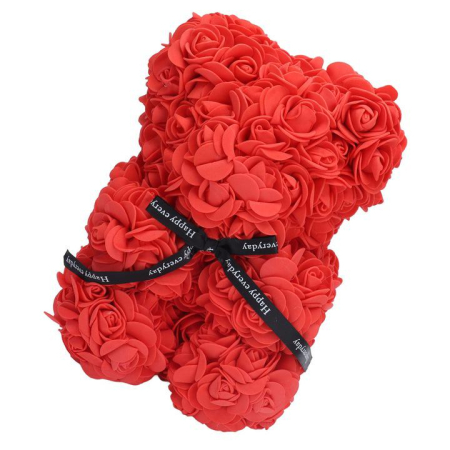 Ursulet decorativ Rosu 23cm din trandafiri spuma cu fundita si cutie cadou [2]
