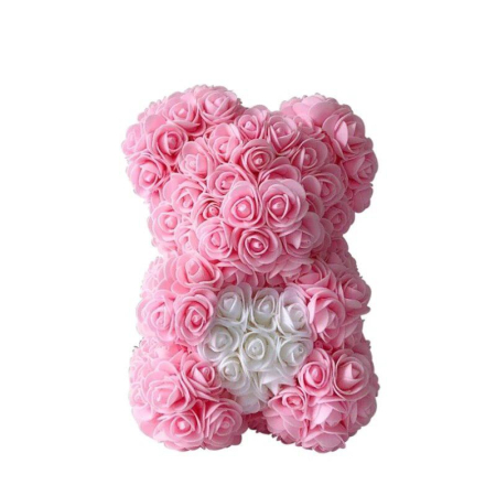 Bacanie Engros - Ursulet decorativ Roz deschis cu inimioara alba 23cm din trandafiri spuma si cutie cadou cu panglică