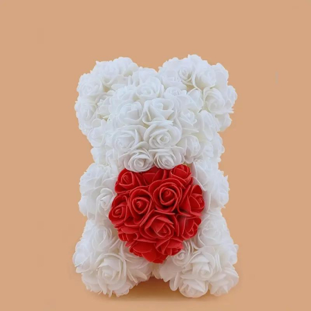 Bacanie Engros - Ursulet decorativ Alb cu inimioara rosie 23cm din trandafiri spuma si cutie cadou cu panglică