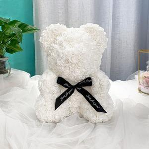 Ursulet decorativ Alb 23cm din trandafiri spuma cu fundita si cutie cadou [1]