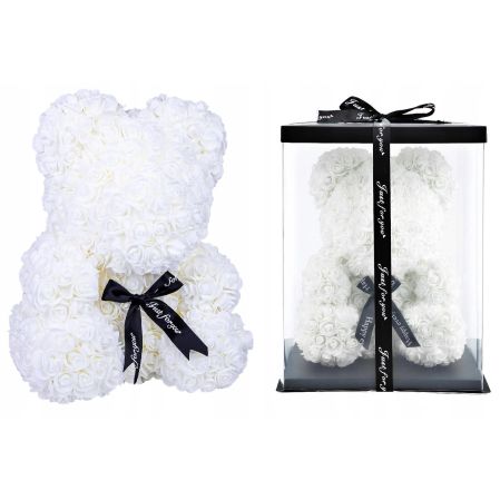 Ursulet decorativ Alb 23cm din trandafiri spuma cu fundita si cutie cadou [2]