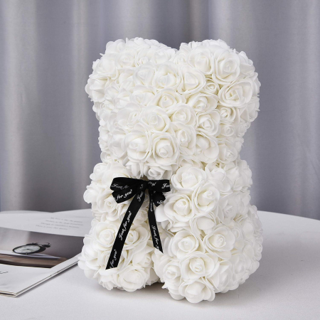 Ursulet decorativ Alb 23cm din trandafiri spuma cu fundita si cutie cadou