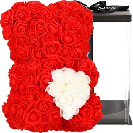 Bacanie Engros - Ursulet decorativ Rosu cu inimioara alba 23cm din trandafiri spuma si cutie cadou cu panglică
