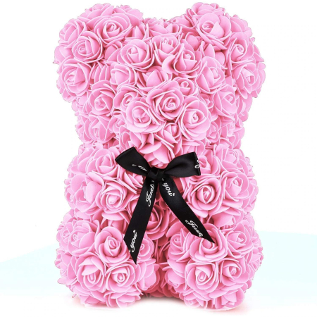 Ursulet decorativ Roz 23cm din trandafiri spuma cu fundita si cutie cadou