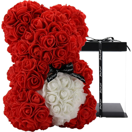 Bacanie Engros - Ursulet decorativ Bordo cu inimioara alba 23cm din trandafiri spuma si cutie cadou cu panglică
