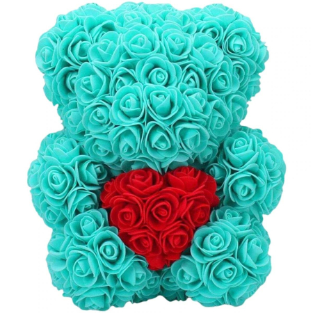 Ursulet decorativ Verde menta cu inimioara rosie 23cm din trandafiri spuma si cutie cadou cu panglică [1]