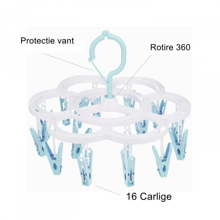 Uscator de Rufe Suspendat , cu 16 Carlige, Rotire 360 Grade, Mateiral Plastic, Usor de Depozitat, Multifunctional, 26 x 21 cm, Albastru [3]