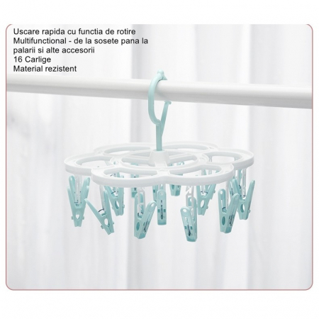 Uscator de Rufe Suspendat , cu 16 Carlige, Rotire 360 Grade, Mateiral Plastic, Usor de Depozitat, Multifunctional, 26 x 21 cm, Albastru [1]