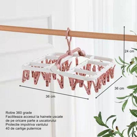 Uscator de Rufe Suspendat , cu 40 Carlige, Rotire 360 Grade, Protectie Vant, Pliabil, Patrat, Mateiral Plastic, Usor de Depozitat, Multifunctional, 36 x 24 cm, Alb/Roz [2]