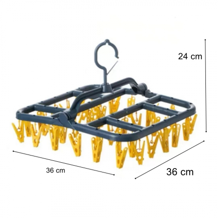 Uscator de Rufe Suspendat , cu 40 Carlige, Rotire 360 Grade, Protectie Vant, Pliabil, Patrat, Mateiral Plastic, Usor de Depozitat, Multifunctional, 36 x 24 cm, Albastru/Galben [2]