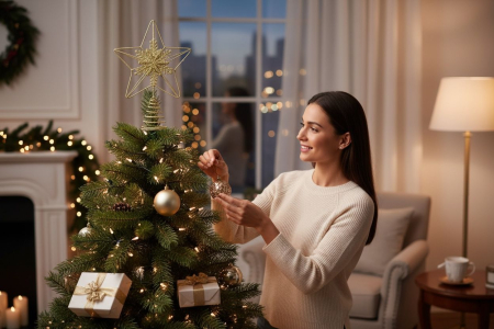 Varf Brad Craciun Steluta Aurie Delicata – Finisaj Sidefat cu Sclipici – Prindere Spirala 20x13cm [1]