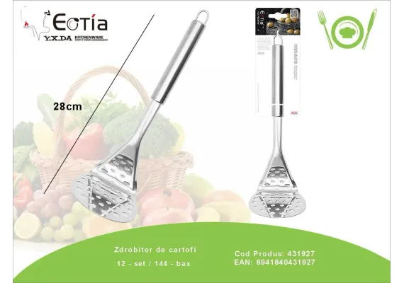 Articole pentru Casa Engros - Zdrobitor de cartofi 28 cm din inox – Presa manuala rezistenta pentru piure, legume si fructe fierte, 