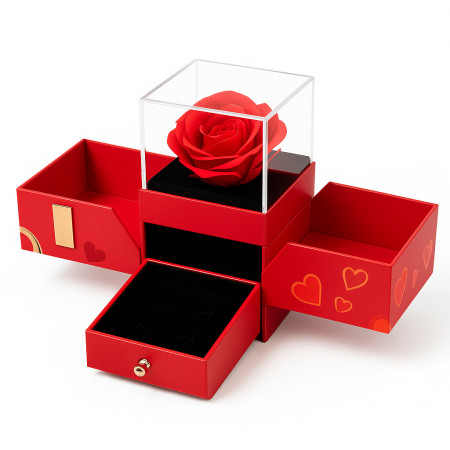 Idei de Cadouri - Cutie cadou rosie cu trandafir de sapun in cub transparent si sertare, model premium, 11x9.5x9.5 cm