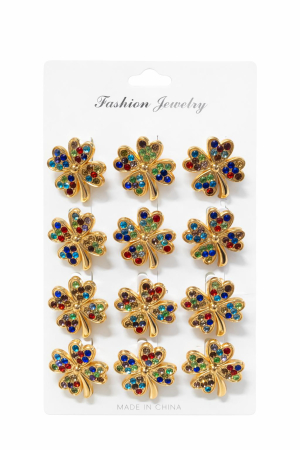 Martisoare - Set 12 brose martisor trifoi auriu cu strasuri colorate 15x9cm