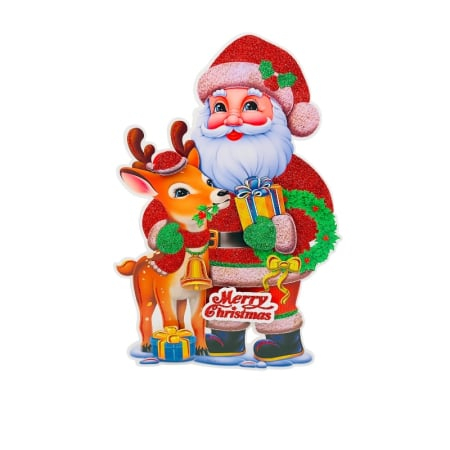 Decoratiuni si ornamente de Craciun - Sticker decorativ Craciun Mos Craciun cu ren si cadouri 3D 40x24 cm