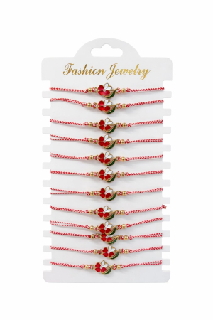 Martisoare - Set 12 Bratari Martisor cu Trifoi Auriu cu Stras, Snur Rosu Reglabil, 20x11 cm