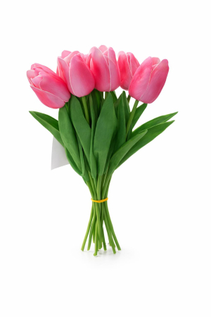 Idei de Cadouri - Set 10 lalele artificiale roz intens cu accente crem soft touch, fir individual, 33cm