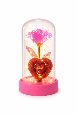 Cupole cu flori din plastic - Cupola cu floare artificiala LED si decor inima Love, baterii incluse, 14.5 x 7 cm