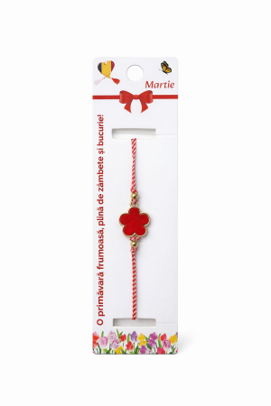 Bratara Martisor - Set 12 bratari martisor cu trifoi stilizat rosu, snur rosu alb, ambalate individual