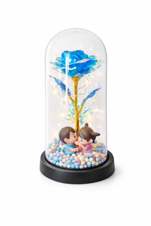 Cupole cu flori din plastic - Cupola plastic cu trandafir albastru LED si 2 indragostiti, 20 cm, cutie cadou