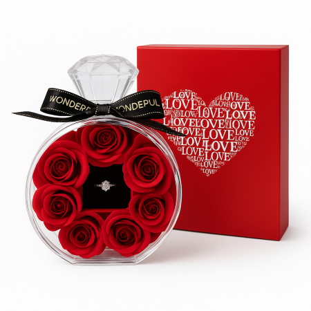 Idei de Cadouri - Cutie Cadou cu 7 Trandafiri din Sapun si Cutiuta Bijuterii cu Inel 14x10.5 cm