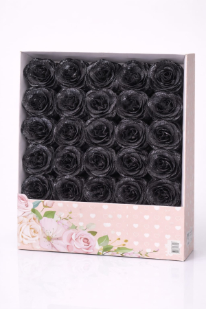 Aranjamente florale - Set 30 trandafiri artificiali cu sclipici negru in cutie decorativa