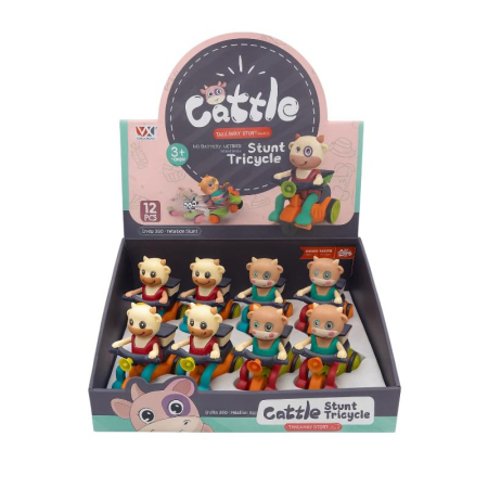 Vehicule, masinute, avioane, tancuri - Set 12 jucării mecanice vițeluș pe tricicletă, pull back, pentru copii 3+ ani