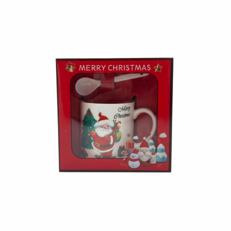 Cani tematice Craciun - Set Cana Ceramica cu Lingurita, Tematica de Craciun, în Cutie Cadou – 14x14x8.5cm