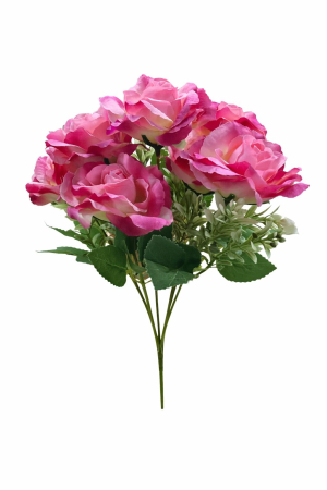 Idei de Cadouri - Buchet 7 trandafiri artificiali roz si crem cu frunze si boboci decorativi 30cm