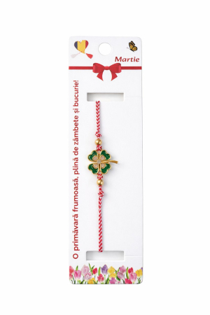 Bratara Martisor - Set 12 bratari martisor cu trifoi norocos cu pietricele albe, snur rosu alb, ambalate individual