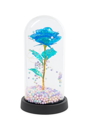 Cupole cu flori din plastic - Cupola decorativa cu trandafir acrilic albastru, bile pastel si lumini LED, 22x11 cm