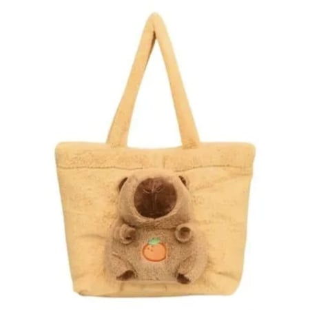 Jucarii de plus - Geanta Pufos Tote pentru Fete, Model Ursulet cu Portocala, 45x30 cm, Material Moale