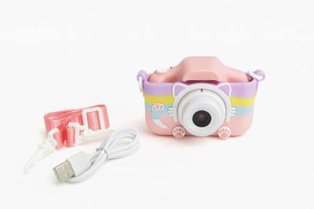 Console si aparate foto - Camera foto digitala pentru copii 4800 MP, 8x zoom, pisicuta husa curcubeu roz, 13x12cm