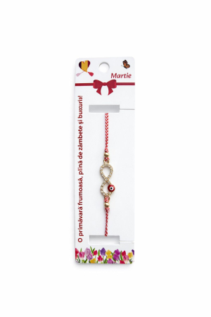 Martisoare - Set 12 bratari martisor cu simbol infinit si ochi norocos, snur reglabil rosu-alb