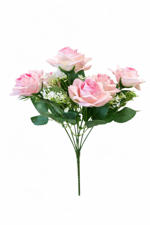 Flori Artificiale - Buchet artificial deosebit cu 7 trandafiri catifelati, flori albe si frunze, roz crem 30cm