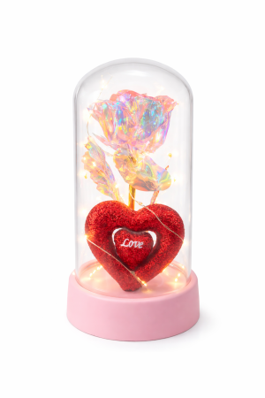Idei de Cadouri - Cupola decorativa cu floare artificiala LED si inima Love, baterii incluse, 14.5 x 7 cm