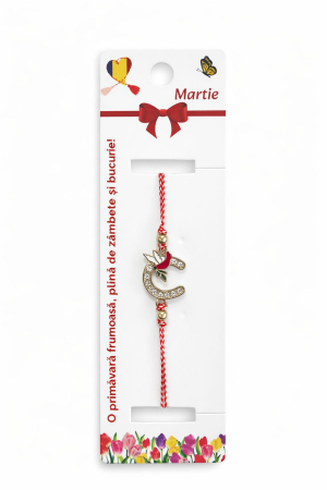 Bratara Martisor - Set 12 bratari martisor cu potcoava stilizata si porumbel, snur rosu alb, ambalate individual