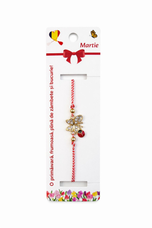 Bratara Martisor - Set 12 bratari martisor cu fluture si buburuza, snur rosu alb, ambalate individual