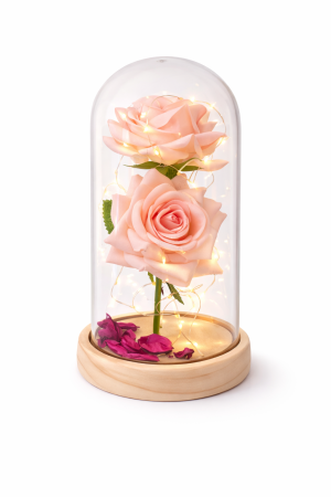 Cupole cu flori din plastic - CUPOLA CU 2 TRANDAFIRI Royal Love, LED Romantic, Baza din Lemn, Cadou Premium Indragostiti