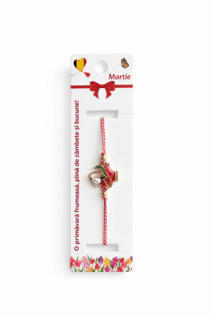 Martisoare - Set 12 bratari martisor cu vaza rosie, ghiocel si buburuza, snur reglabil rosu-alb