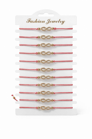 Bratara Martisor - Set 12 Bratari Martisor Infinit Auriu cu Strasuri, Snur Alb-Rosu Reglabil, 20x11 cm