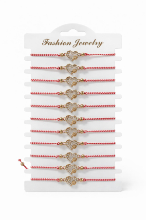 Bratara Martisor - Set 12 Bratari Martisor Inima Aurie cu Strasuri si Trandafir, Snur Alb-Rosu, 20x11 cm