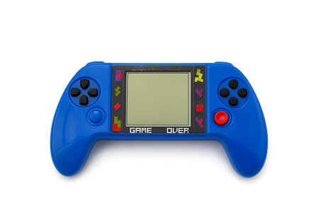 Console si aparate foto - Consola portabila joc constructii cu multiple jocuri retro culoare albastru, 18.5x10.5cm