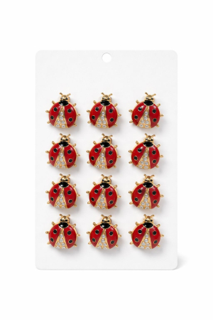 Brosa Martisor - Set 12 brose martisor buburuza rosie cu strasuri, simbol noroc si prosperitate 15x9cm