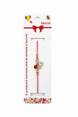 Bratara Martisor - Set 12 bratari martisor cu floare alba si buburuza, snur rosu alb, ambalate individual