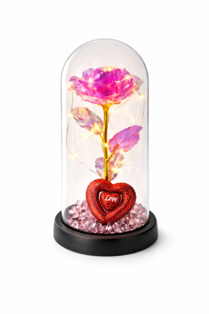 Cupole cu flori din plastic - Cupola plastic cu trandafir irizat roz fucsia si inima Love LED, 20 cm, cutie cadou