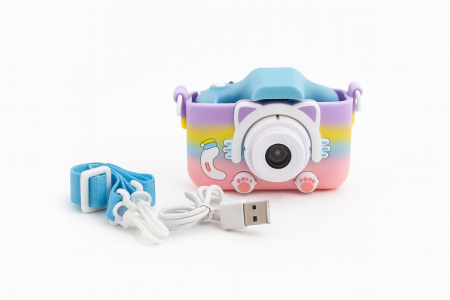 Console si aparate foto - Camera foto digitala pentru copii 4800 MP, 8x zoom, model bleu pisicuta husa curcubeu, 13x12cm