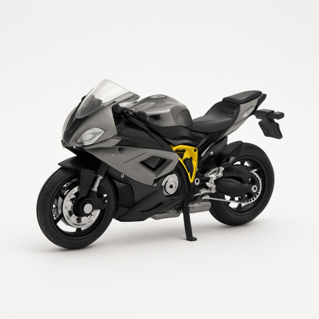 Machete si jucarii de metal - Motocicleta Metalica Die-Cast – Model Sport Gri-Negru cu Galben, 19x9 cm, cu Vitrina Transparenta