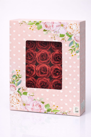 Aranjamente florale - Set 30 trandafiri artificiali cu sclipici aramiu in cutie decorativa